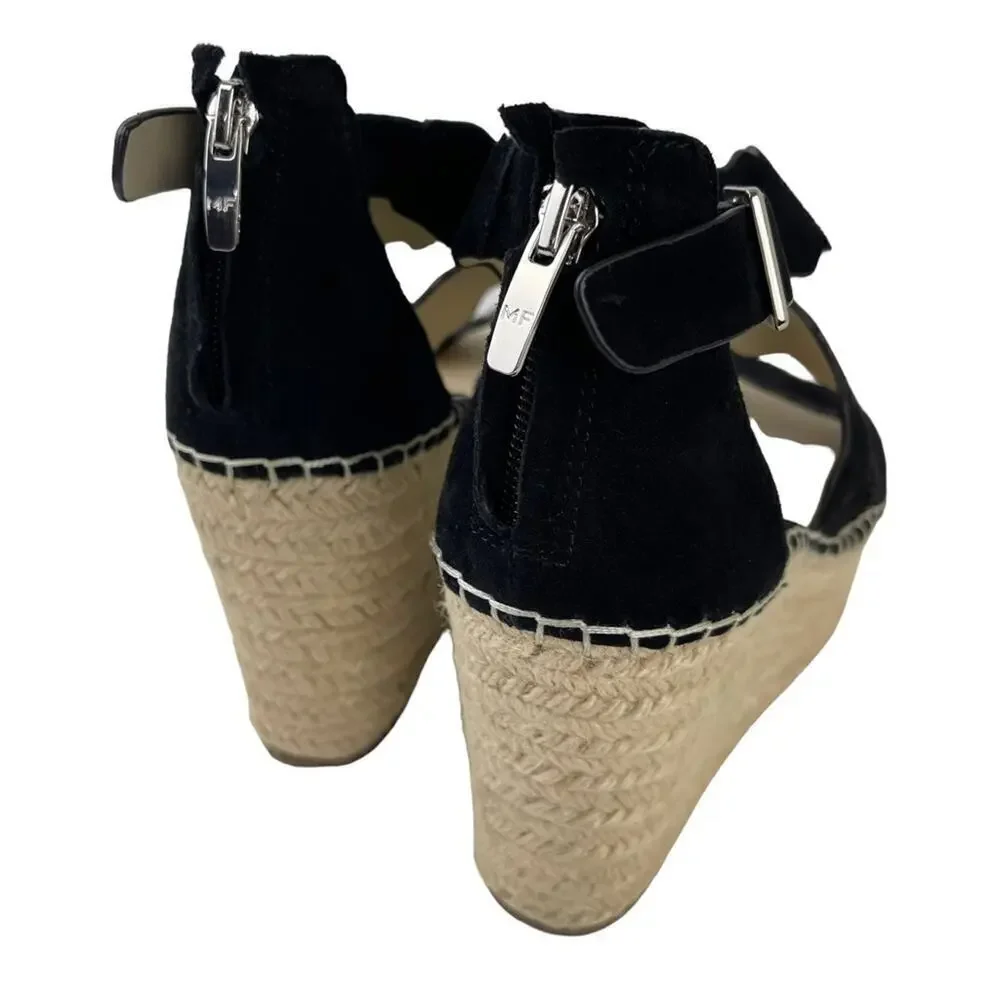 Marc Fisher Calita Black Suede Scalloped Crisscross Platform Espadrille Wedge 7M